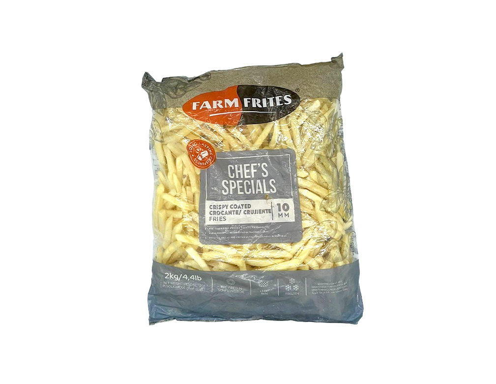 BATATA PALITO CONGELADA PRÉ FRITA 10 MM CORTE TRADICIONAL CRISPY COATED FARM FRITES 2 KG (CX 6 PCT)